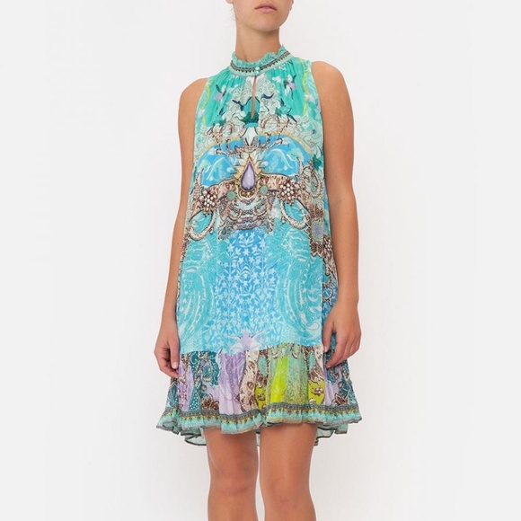 Camilla 2-Button Floral Print Sleeveless Dress - Turquoise Crystals Size XS - Picture 1 of 10